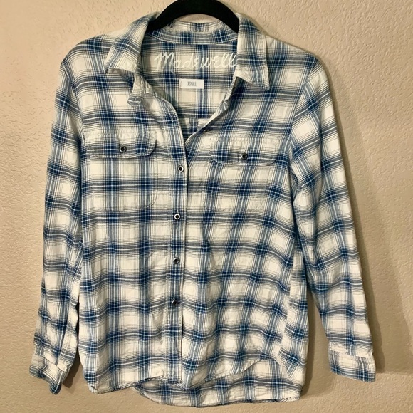 Madewell Shirt XS 100% Cotton Long-Sleeve Button-Up White Blue Plaid Comfy - Picture 11 of 16